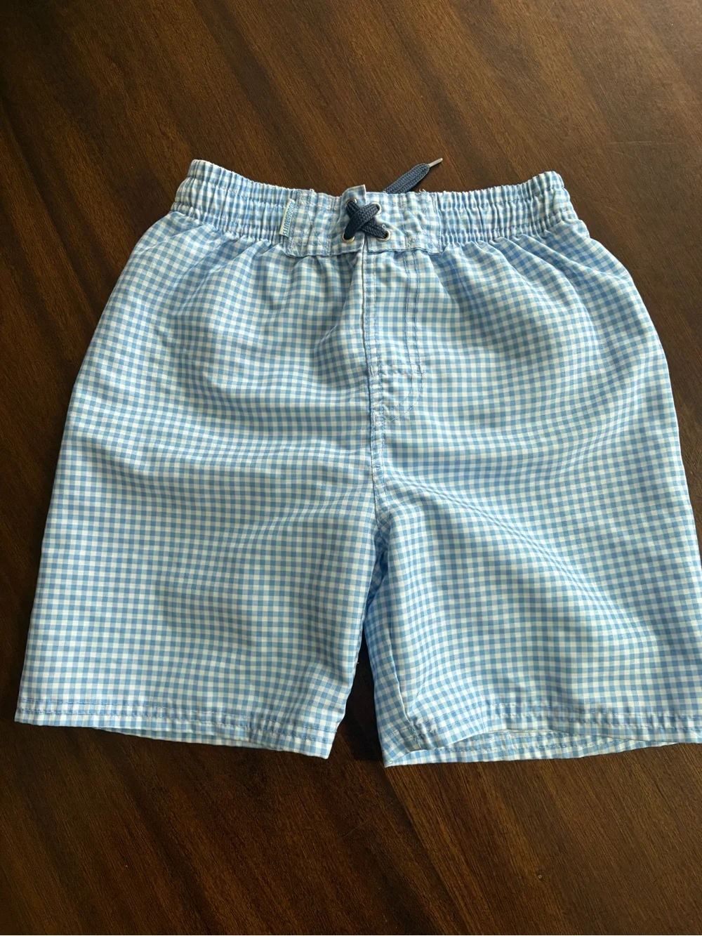 Kids Long-Sleeve Navy Rashguard with Light Blue Gingham Swim Shorts
